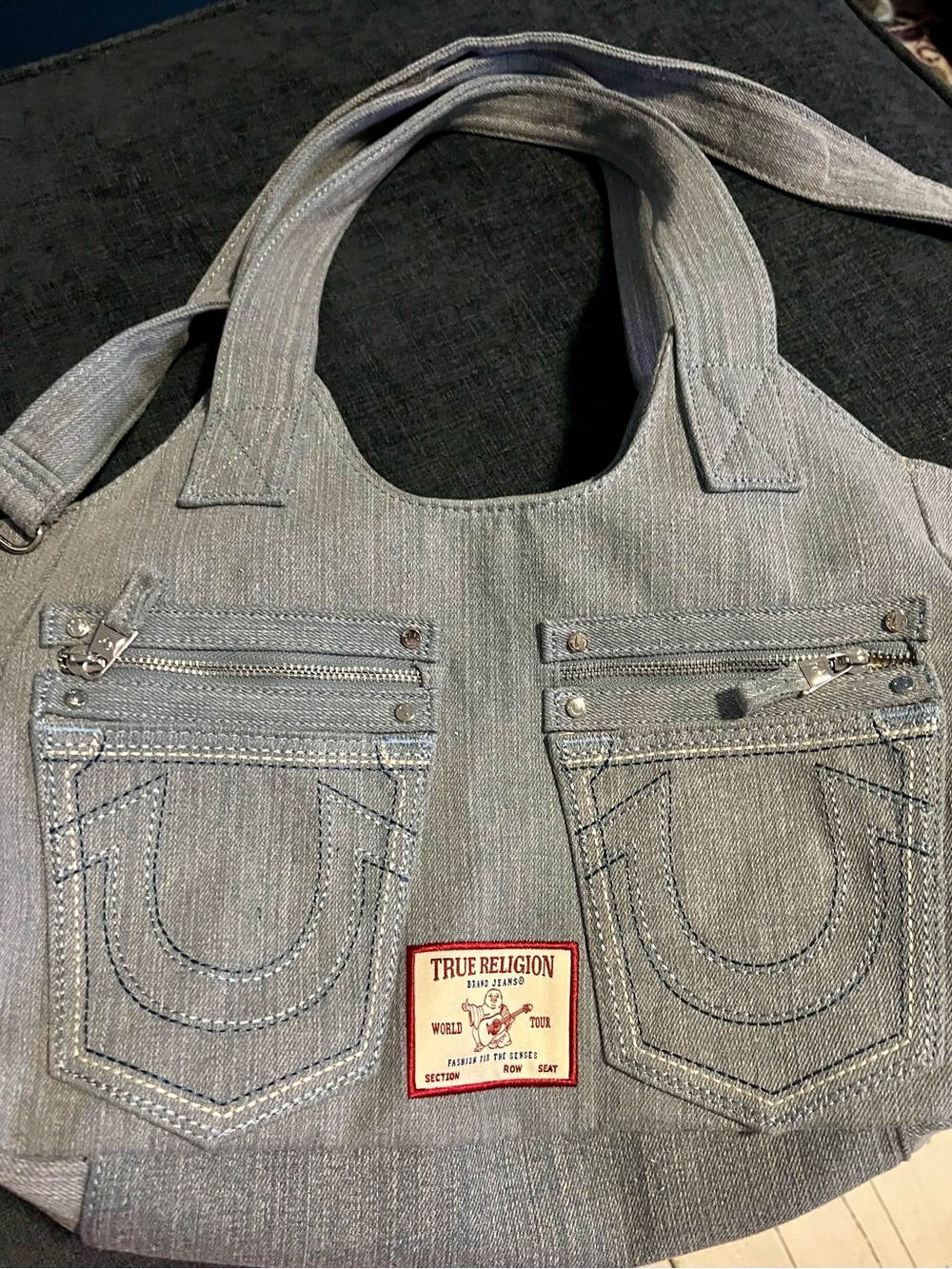 True Religion Light Denim Double-Zip Front Tote